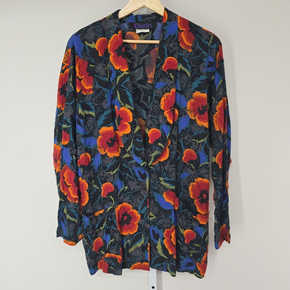 Destin Womens‎ Floral Print Blazer Jacket Black Red Blue Medium